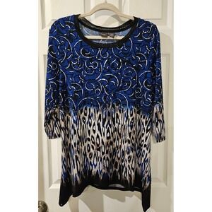 Chico's Travelers Size 1 Medium 8/10 Blue Black Leopard Print Top‎ 3/4 Sleeve